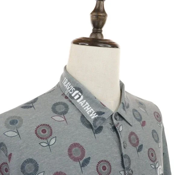 Travis Mathew Golf Polo Shirt Men's XL Gray Purple Blue Floral Pattern Spell Out - Picture 3 of 9